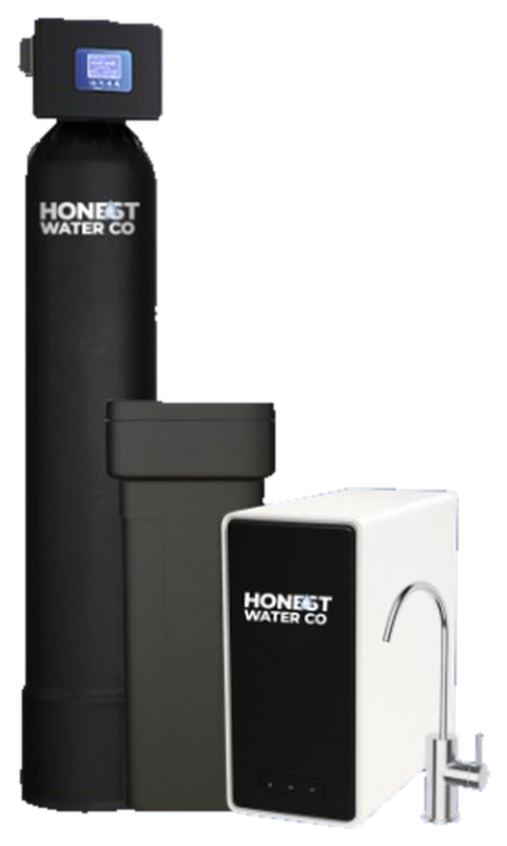 The Complete Home System Package — whole-home Softener and Chlorine Filtration tank system with an under-sink Tankless Reverse Osmosis unit and dedicated faucet