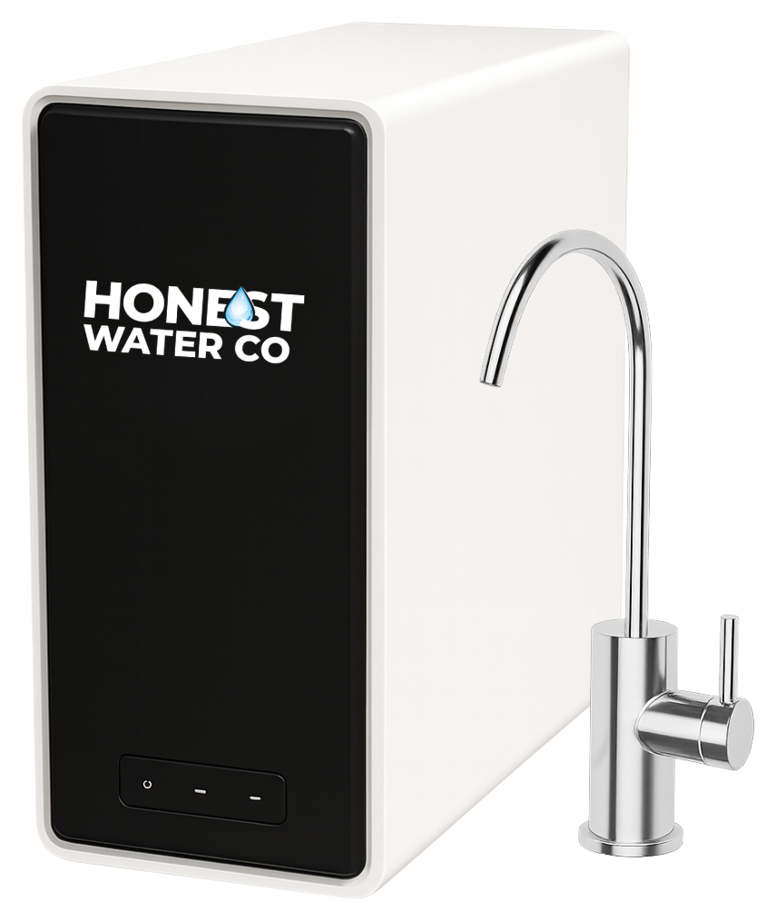 Under-sink tankless reverse osmosis drinking water system with dedicated faucet