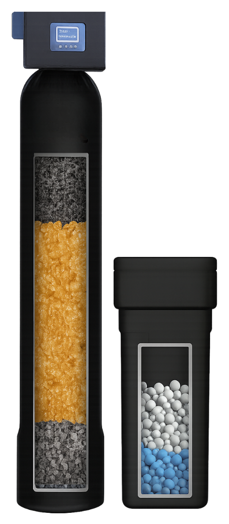 Single-tank water softener with chlorine filtration and brine tank