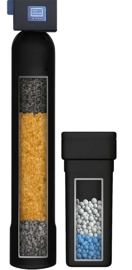 Standard Whole Home Softener and Filtration System — single media tank with layered carbon, softening resin and gravel, alongside its brine tank