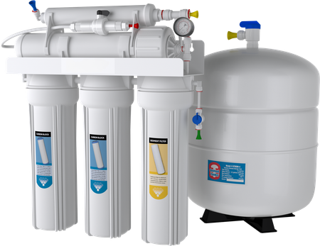 5-Stage Tank Reverse Osmosis system — filter cartridges, membrane housing and pressurized storage tank